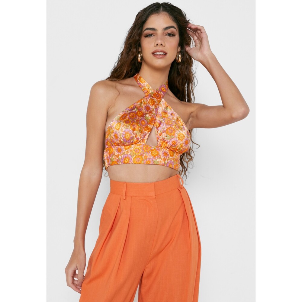 Topshop Floral Halter Crop Top in Pink and Orange - Picture 3 of 9